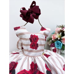 Vestido Infantil Floral Marsala Listras Horizontal Luxo
