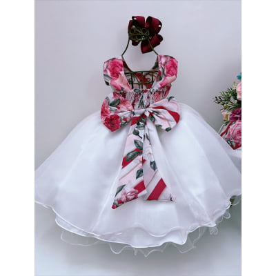 Vestido Infantil Floral Off Cinto Pérolas Festas Daminhas