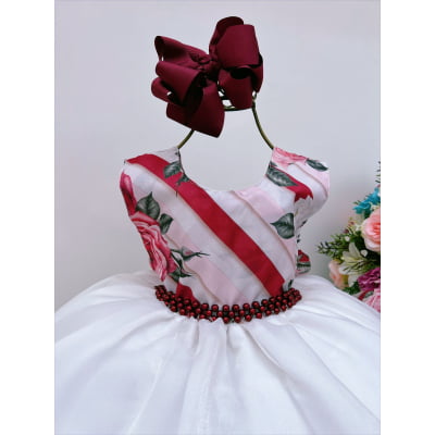 Vestido Infantil Floral Off Cinto Pérolas Festas Daminhas