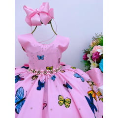 Vestido Infantil Jardim das Borboletas Rosa Luxo C/ Máscara