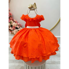 Vestido Infantil Laranja Laise C/ Babados e Pérolas