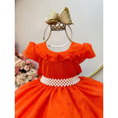 Vestido Infantil Laranja Laise C/ Babados e Pérolas