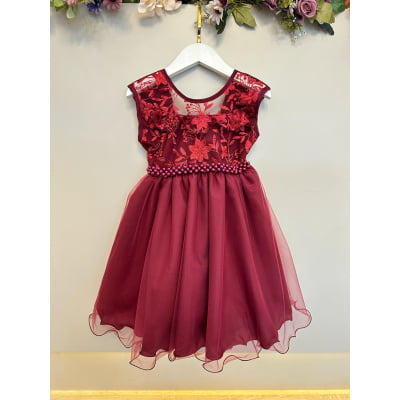 Vestido Infantil Marsala C/ Babados e Renda  Daminhas Festas