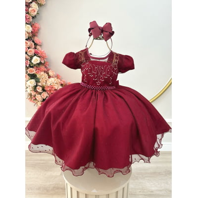 Vestido Infantil Marsala C/ Tule Pipoquinha Luxo C/ Pérolas