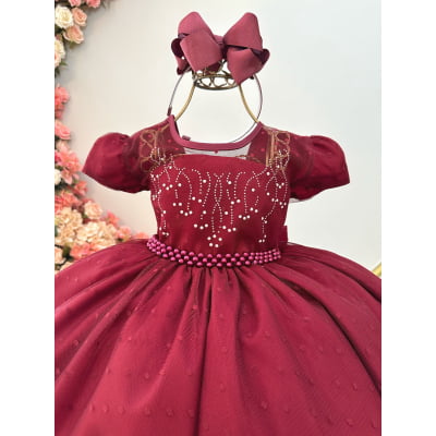 Vestido Infantil Marsala C/ Tule Pipoquinha Luxo C/ Pérolas