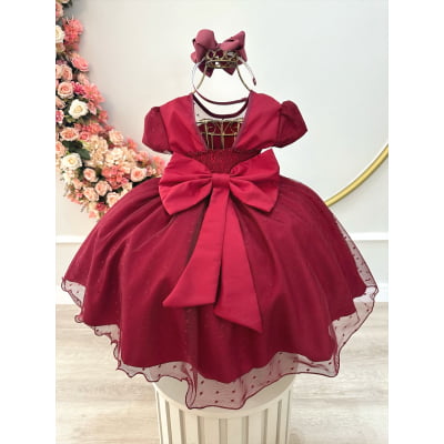 Vestido Infantil Marsala C/ Tule Pipoquinha Luxo C/ Pérolas