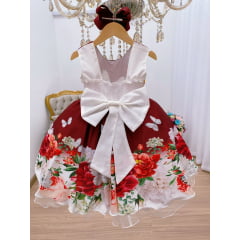 Vestido Infantil Marsala Flores e Borboletas Luxo C/ Máscara