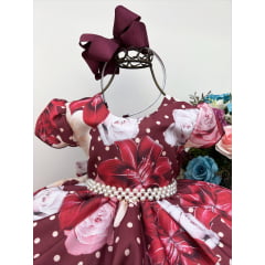 Vestido Infantil Marsala Florido C/ Cinto de Pérolas Luxo