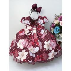 Vestido Infantil Marsala Florido C/ Cinto de Pérolas Luxo