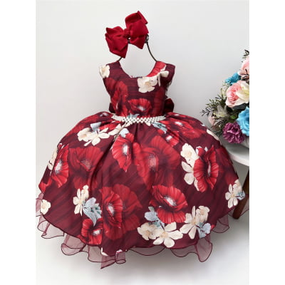 Vestido Infantil Marsala Florido Cinto de Pérolas Festas