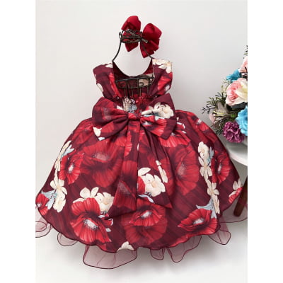 Vestido Infantil Marsala Florido Cinto de Pérolas Festas