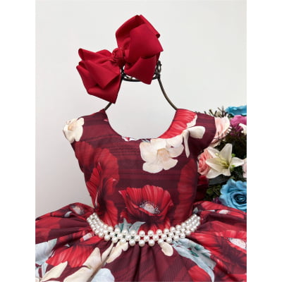 Vestido Infantil Marsala Florido Cinto de Pérolas Festas