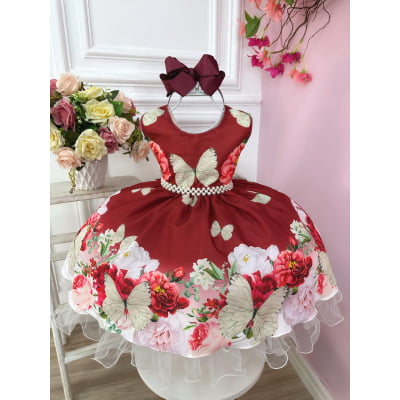 Vestido Infantil Marsala Jardim Das Borboletas Damas Floral