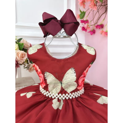 Vestido Infantil Marsala Jardim Das Borboletas Damas Floral
