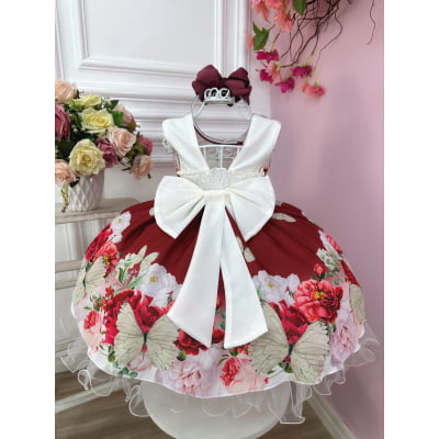 Vestido Infantil Marsala Jardim Das Borboletas Damas Floral