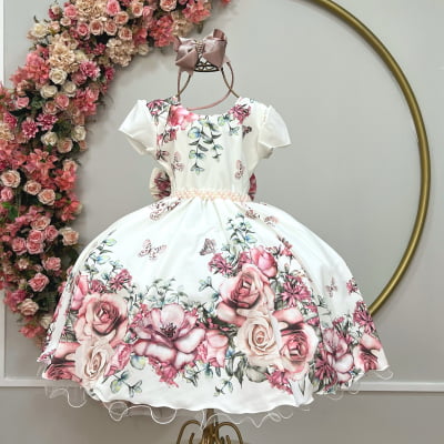 Vestido Infantil Off White Floral + Tiara ou Laço