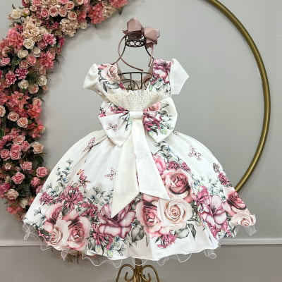 Vestido Infantil Off White Floral + Tiara ou Laço