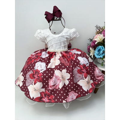 Vestido Infantil Off Busto Nervura Saia Marsala Florido Luxo
