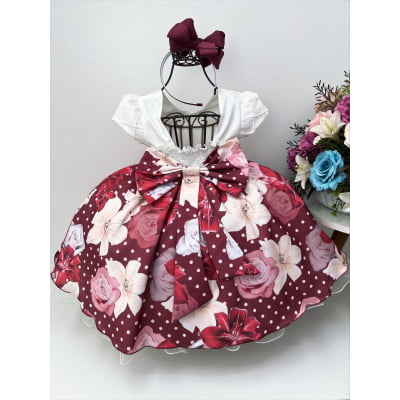 Vestido Infantil Off Busto Nervura Saia Marsala Florido Luxo