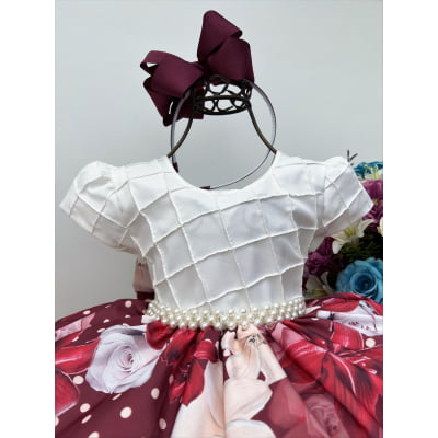 Vestido Infantil Off Busto Nervura Saia Marsala Florido Luxo