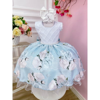 Vestido Infantil Busto Nervura Branco Azul Florido Pérola