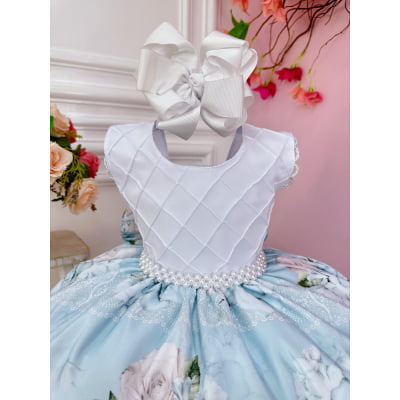 Vestido Infantil Busto Nervura Branco Azul Florido Pérola