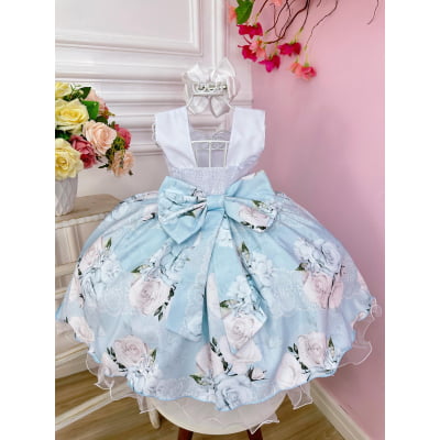 Vestido Infantil Busto Nervura Branco Azul Florido Pérola