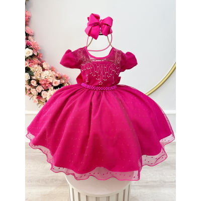 Vestido Infantil Pink C/ Tule Pipoquinha Luxo Daminhas