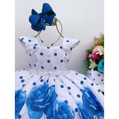 Vestido Infantil Poá Branco Azul Barrado Flores Cinto Pérolas