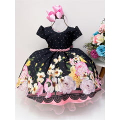 Vestido Infantil Preto Floral Cinto de Pérolas Luxo Festas
