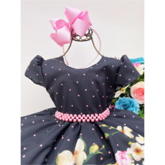 Vestido Infantil Preto Floral Cinto de Pérolas Luxo Festas
