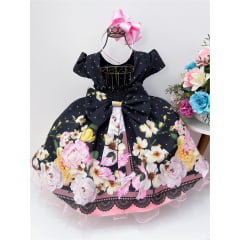 Vestido Infantil Preto Floral Cinto de Pérolas Luxo Festas