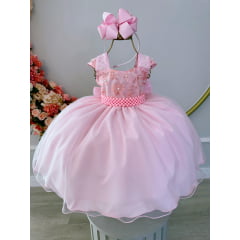 Vestido Infantil Rosa Bebê C/ Renda Luxo e Cinto de Pérolas