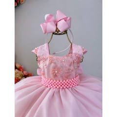 Vestido Infantil Rosa Bebê C/ Renda Luxo e Cinto de Pérolas