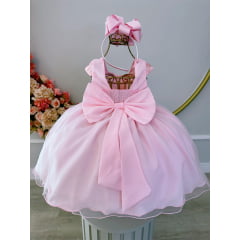 Vestido Infantil Rosa Bebê C/ Renda Luxo e Cinto de Pérolas