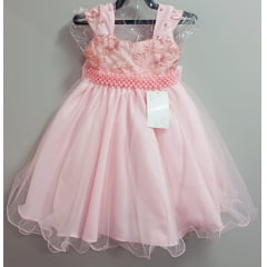 Vestido Infantil Rosa Bebê C/  Renda Luxo e Cinto  de Pérolas