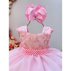 Vestido Infantil Rosa Bebê C/  Renda Luxo e Cinto  de Pérolas