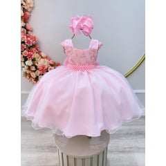 Vestido Infantil Rosa Bebê C/  Renda Luxo e Cinto  de Pérolas