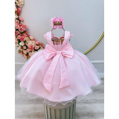 Vestido Infantil Rosa Bebê C/  Renda Luxo e Cinto  de Pérolas