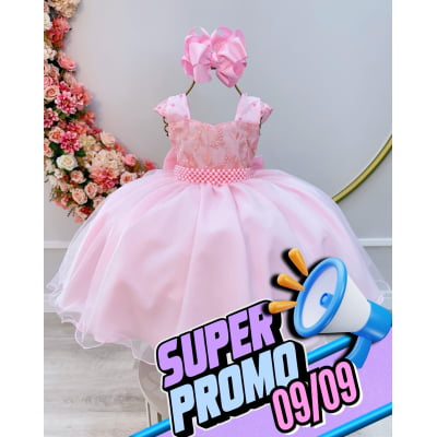 Vestido Infantil Rosa Bebê C/  Renda Luxo e Cinto  de Pérolas