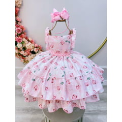 Vestido Infantil Rosa Bebê Flores Rosas C/ Cinto de Pérolas