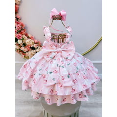 Vestido Infantil Rosa Bebê Flores Rosas C/ Cinto de Pérolas