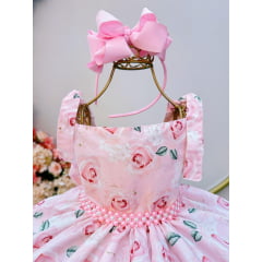 Vestido Infantil Rosa Bebê Flores Rosas C/ Cinto de Pérolas