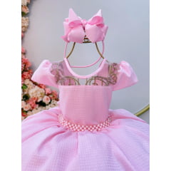 Vestido Infantil Rosa Bebê Maquinetado C/ Cinto de Pérolas