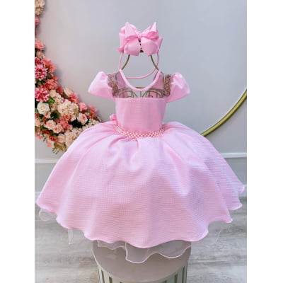 Vestido Infantil Rosa Bebê Maquinetado C/ Cinto de Pérolas