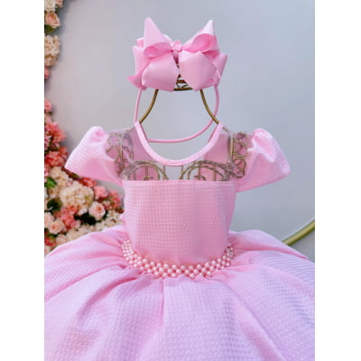 Vestido Infantil Rosa Bebê Maquinetado C/ Cinto de Pérolas