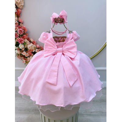 Vestido Infantil Rosa Bebê Maquinetado C/ Cinto de Pérolas