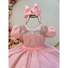 Vestido Infantil Rosa Bebê Tule Pipoquinha Luxo C/ Pérolas