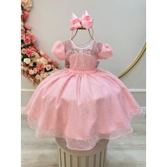 Vestido Infantil Rosa Bebê Tule Pipoquinha Luxo C/ Pérolas