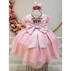 Vestido Infantil Rosa Bebê Tule Pipoquinha Luxo C/ Pérolas